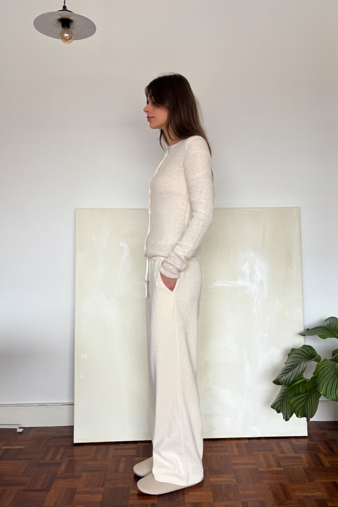 'Michèle' Pantalon décontracté en fine velours côtelé - Crème