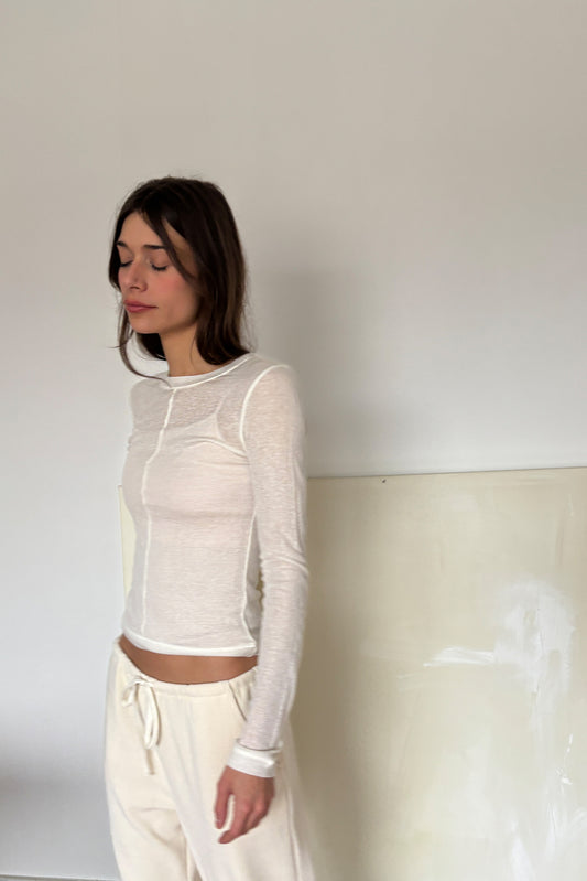 'Béa' T-shirt basique en Tencel à col rond - Crème
