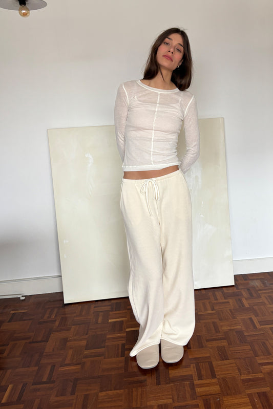 'Michèle' Pantalon décontracté en fine velours côtelé - Crème