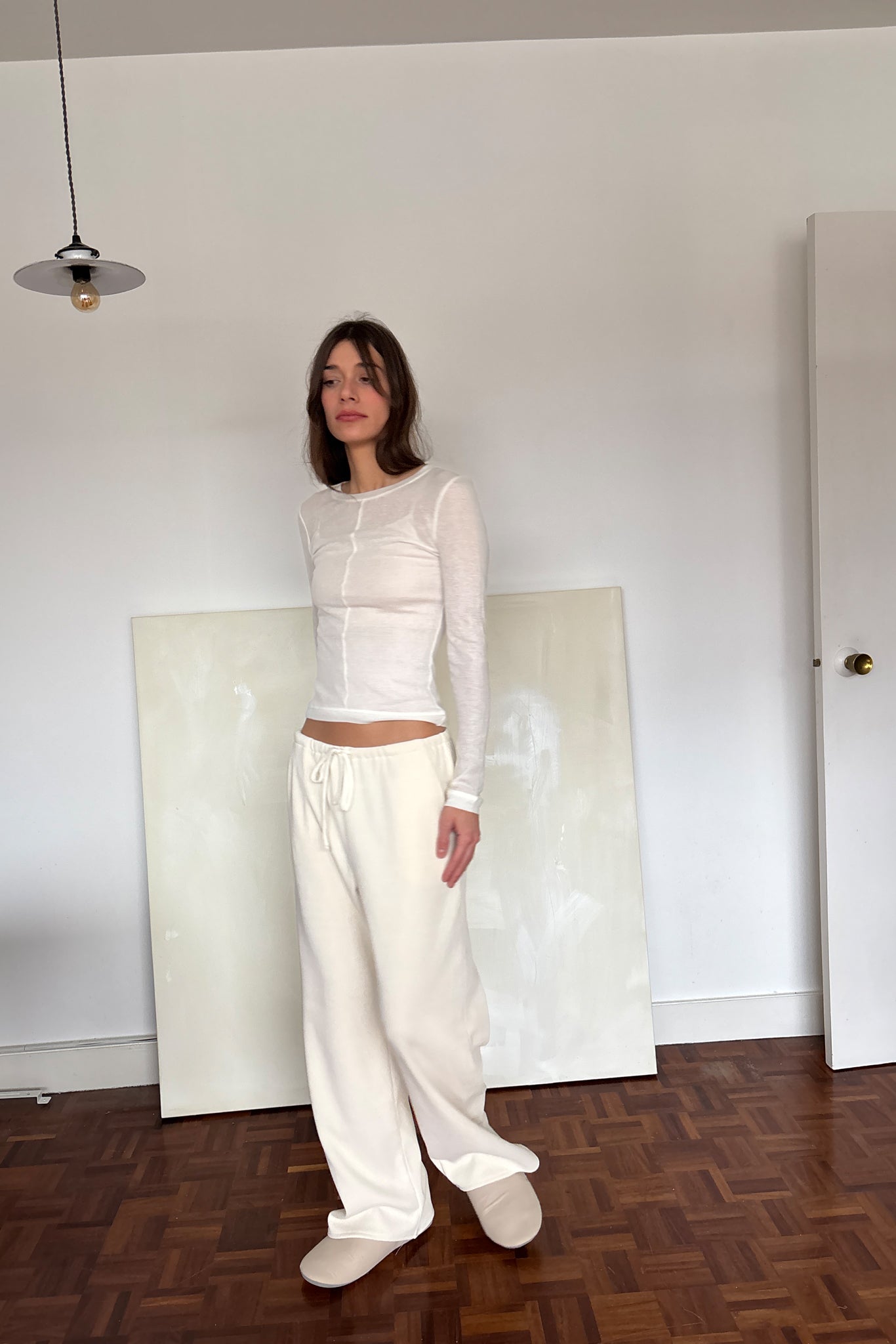 'Michèle' Pantalon décontracté en fine velours côtelé - Crème