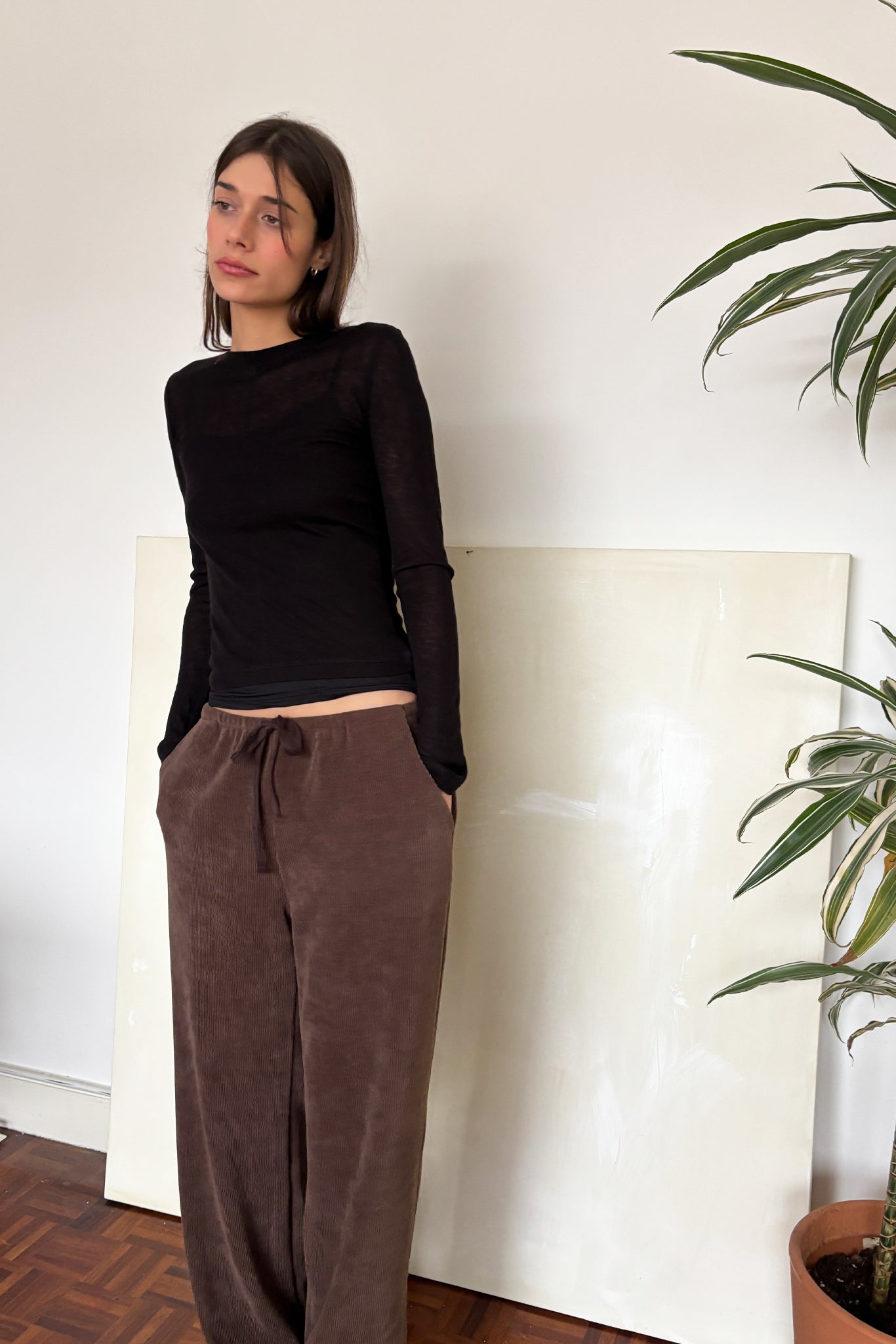 'Michèle' Pantalon décontracté en fine velours côtelé - Marron