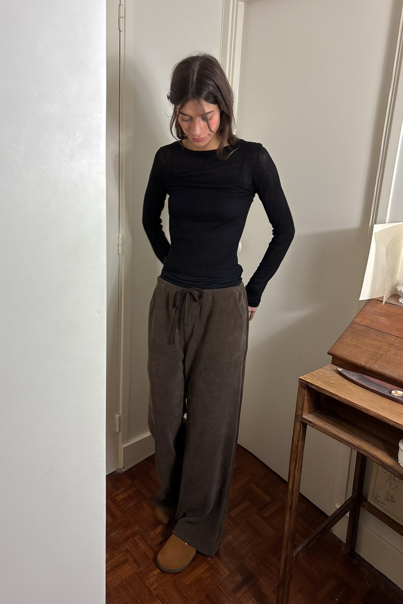 'Michèle' Pantalon décontracté en fine velours côtelé - Marron