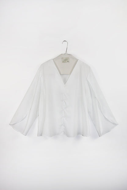 'Tory' Blouse fluide col V avec manches tulipes - Blanche