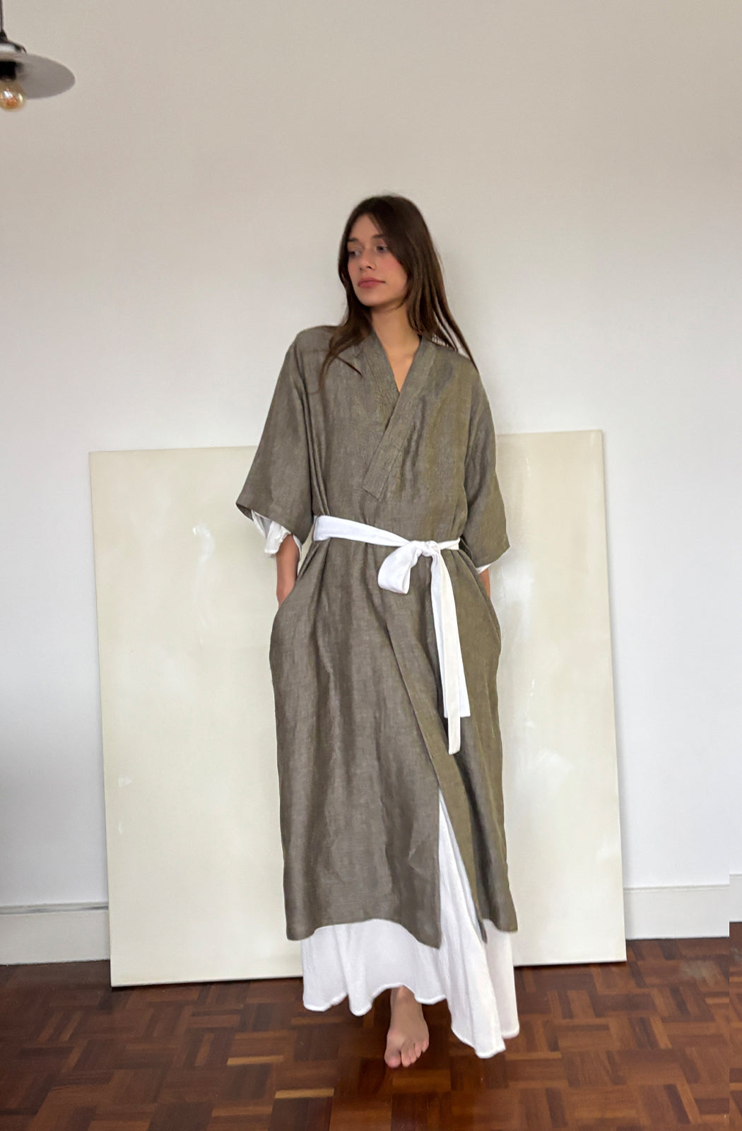 'Ines' Linen Dressing Gown - herringbone khaki