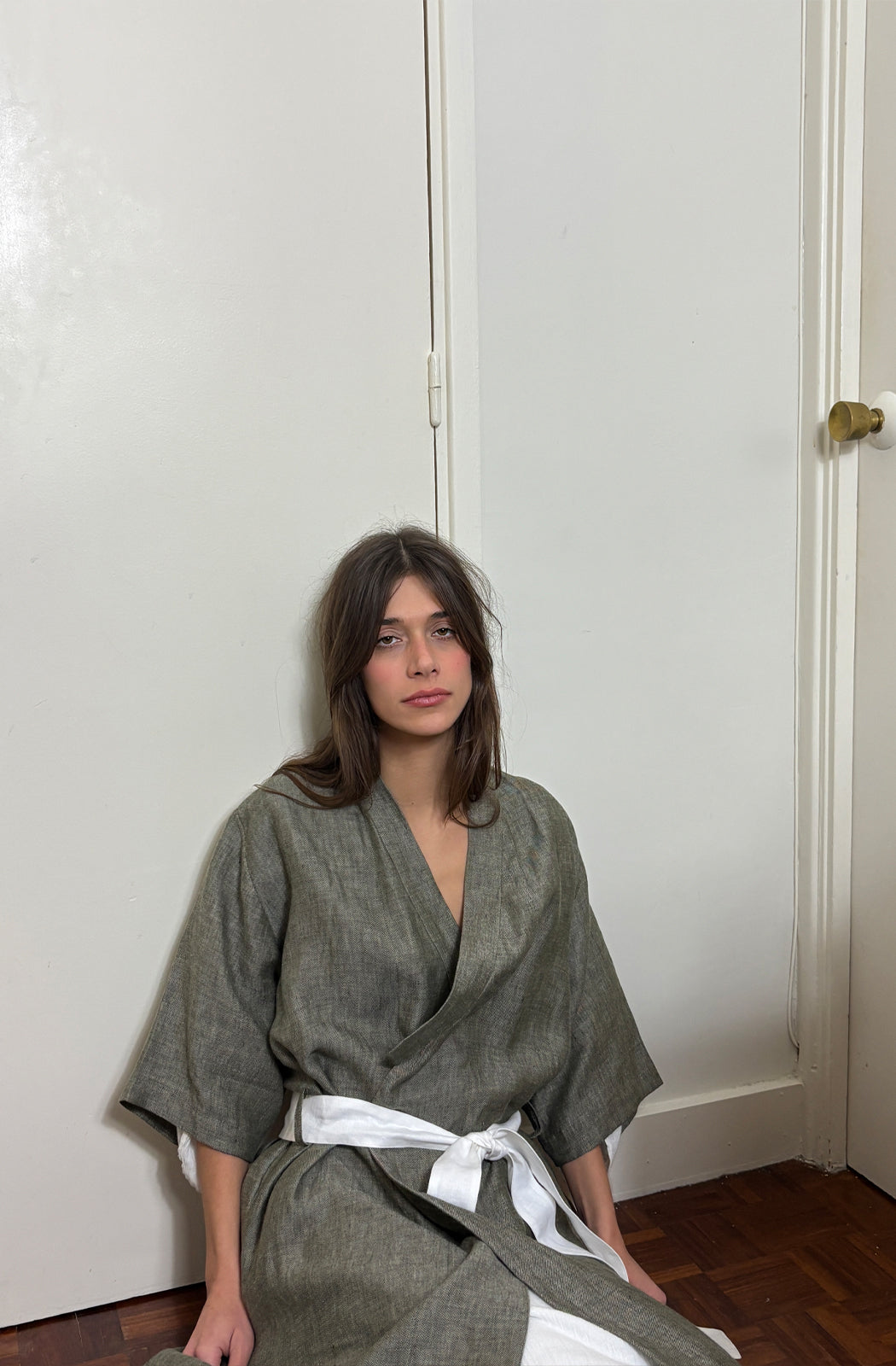 'Ines' Linen Dressing Gown - herringbone khaki