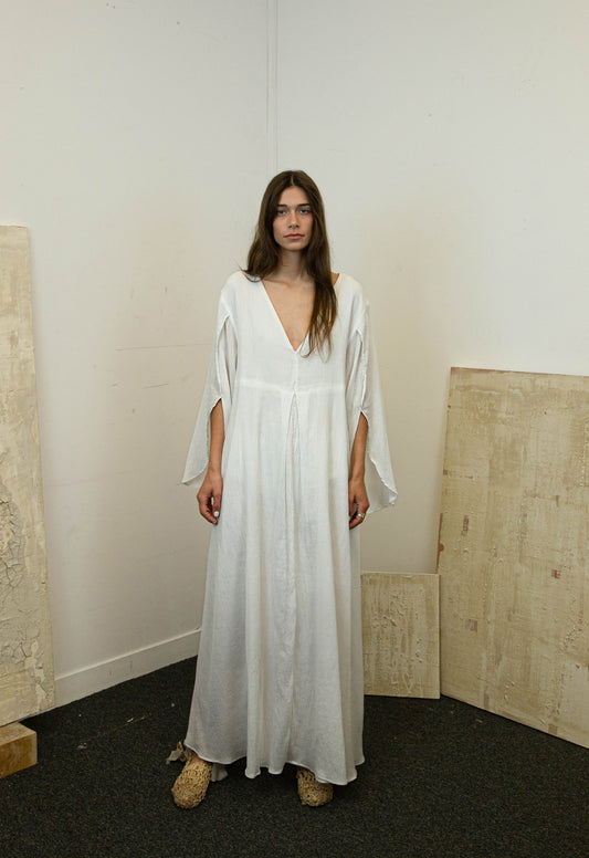 'Chloe' Robe décolleté en lin cotton mélanges - Blanche