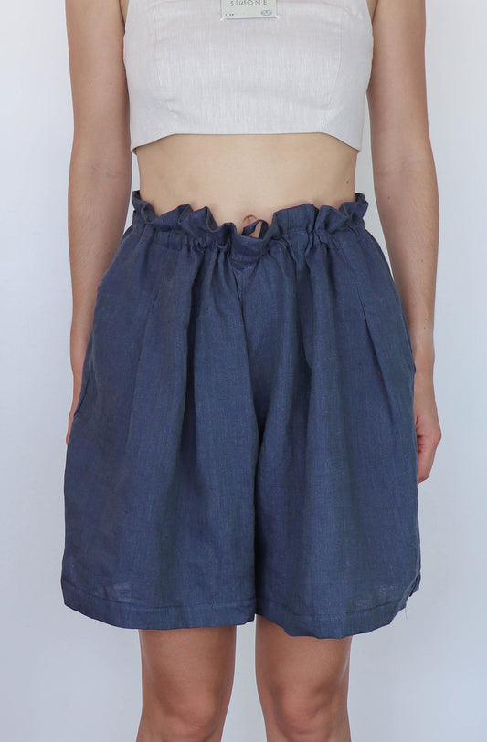 'lucie' Pleated Linen Shorts - Navy 