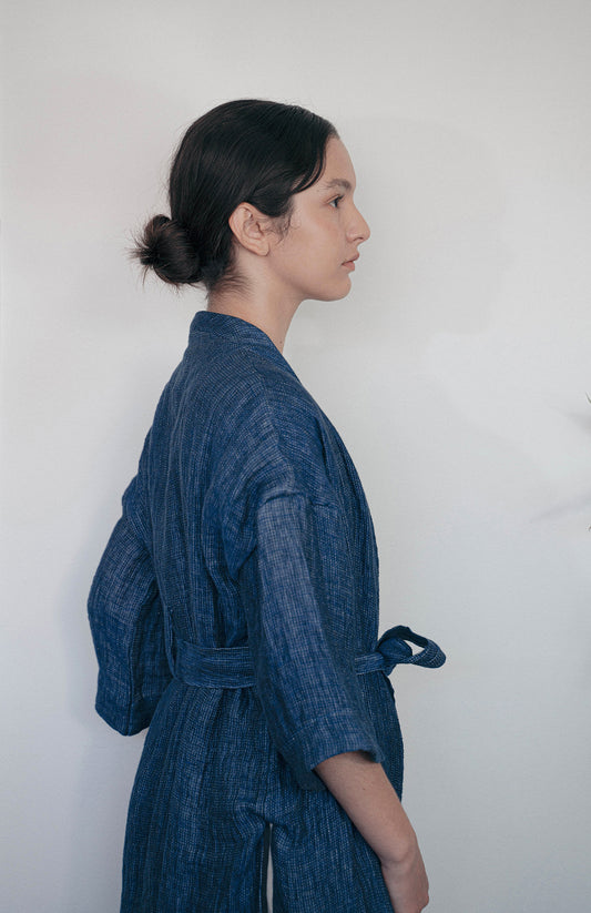 'iaak' Linen Dressing Gown - Ribbon Blue