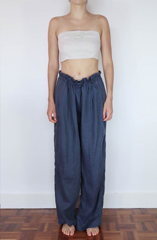 'jade' Low-waisted Linen Trousers - Navy 