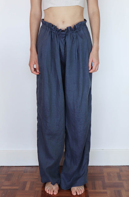 'jade' Low-waisted Linen Trousers - Navy 