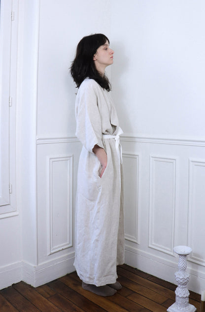 'Lou' Linen Dressing Gown - Washed Beige