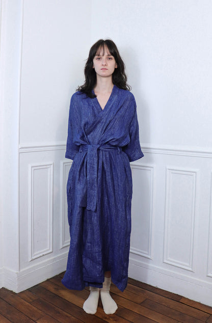 'Iaak' Linen Dressing Gown - Ribbon blue