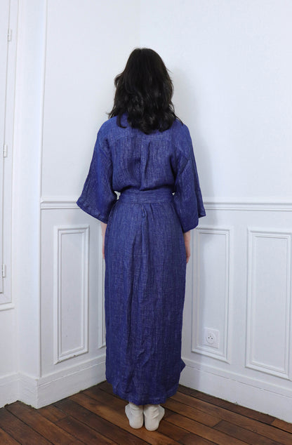 'Iaak' Linen Dressing Gown - Ribbon blue