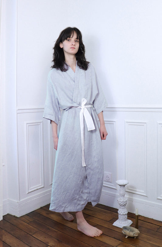 'Mathilde' Linen Dressing Gown - light blue
