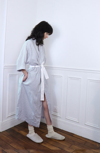 'Mathilde' Linen Dressing Gown - light blue