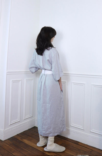 'Mathilde' Linen Dressing Gown - light blue