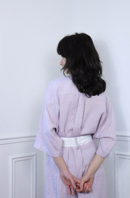 'Agathe' Linen Dressing Gown - Lavender Fog